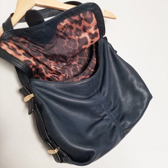 B. Makowsky Navy Blue Black Genuine Leather Shoulder Bag Gold Hardware Hobo Y2K - Picture 12 of 16